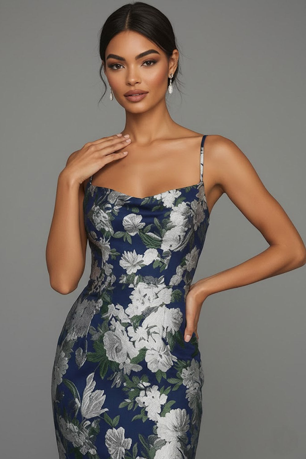 Mermaid Navy Floral Jacquard Spaghetti Straps Maxi Formal Dress