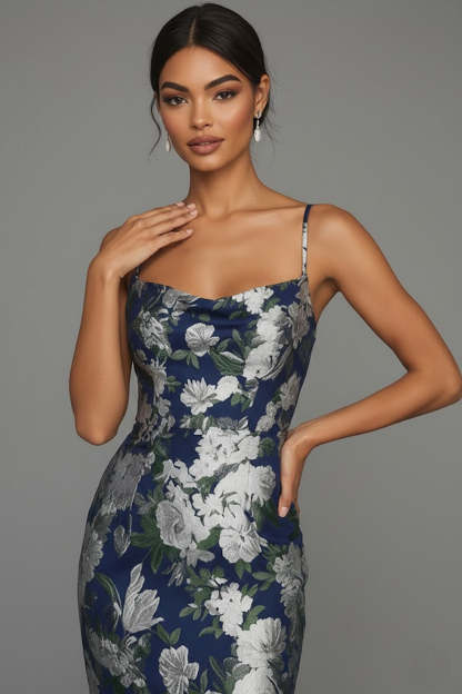 Mermaid Navy Floral Jacquard Spaghetti Straps Maxi Formal Dress