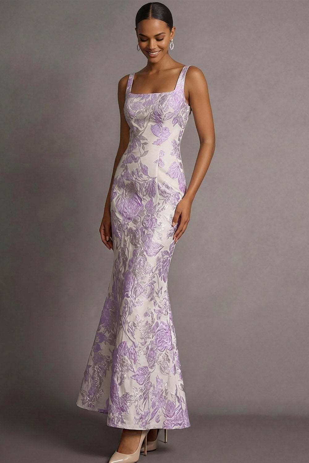 Leely Women Lilac Jacquard Mermaid Floral Long Wedding Guest Dress Spaghetti Straps Square Neck Backless Sleeveless Formal Dress