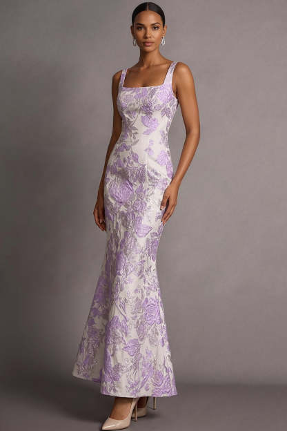 Lilac Jacquard Mermaid Floral Spaghetti Straps Long Wedding Guest Dress