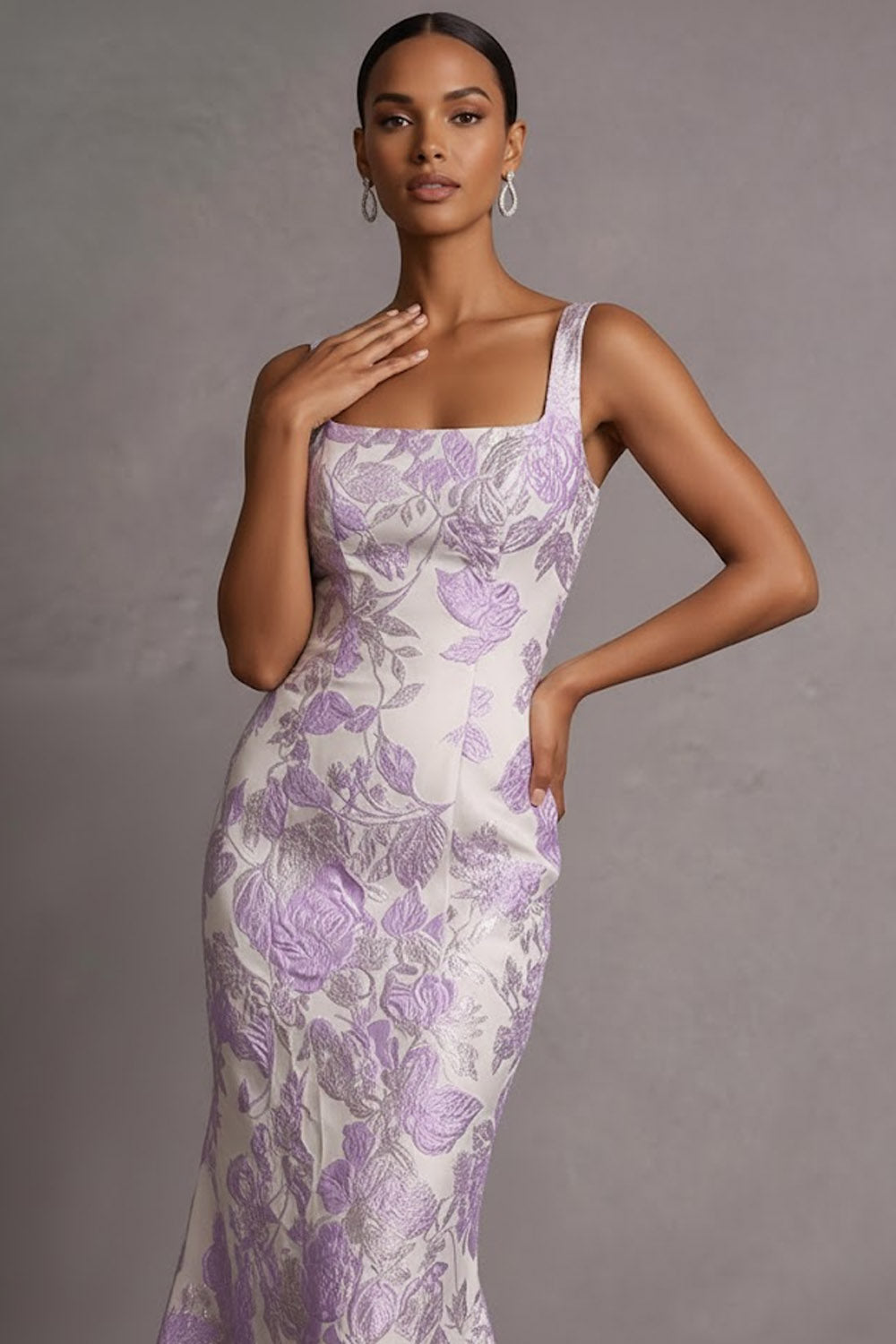 Lilac Jacquard Mermaid Floral Spaghetti Straps Long Wedding Guest Dress