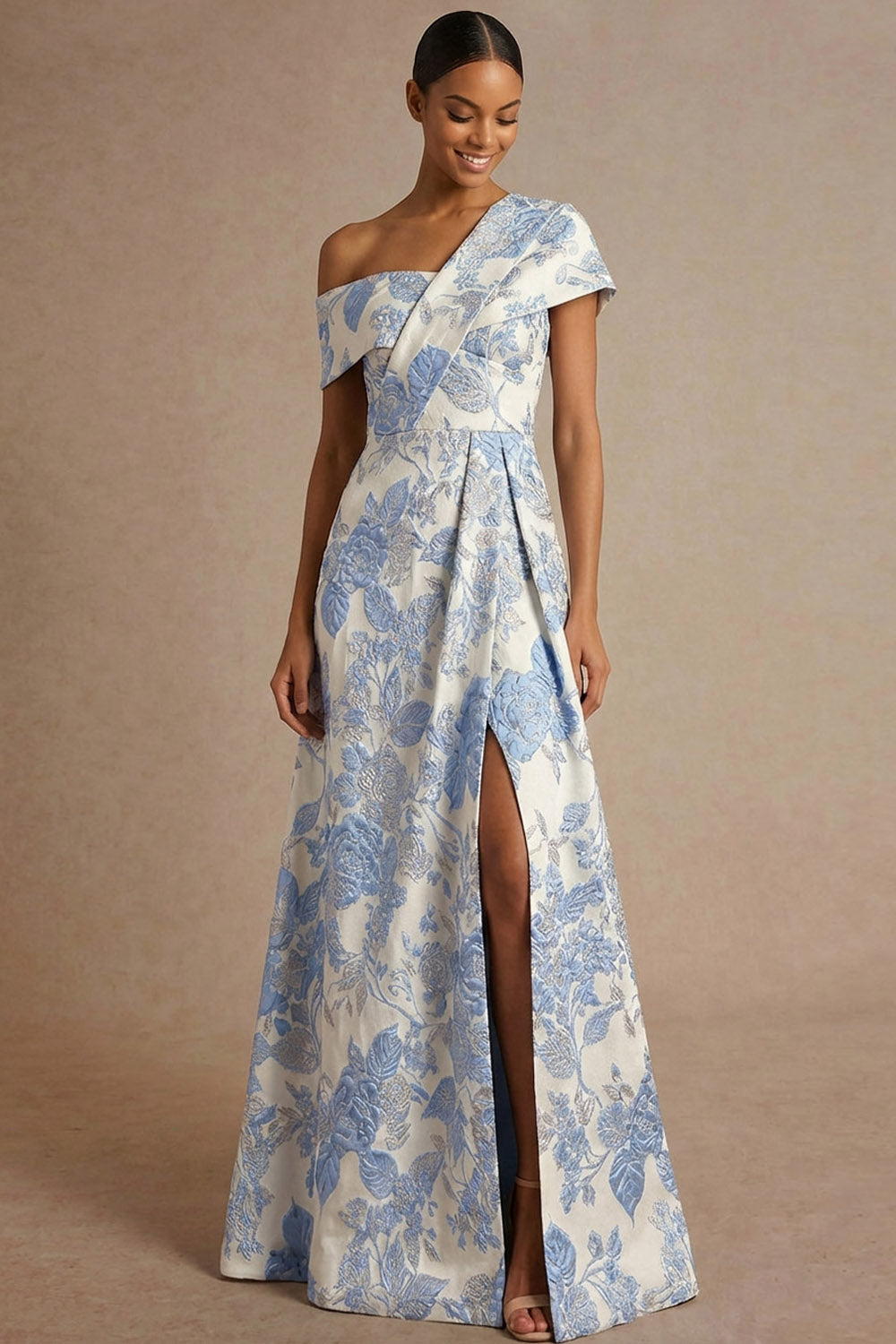 Light Blue Jacquard Floral A Line Long Wedding Guest Dress with Slit