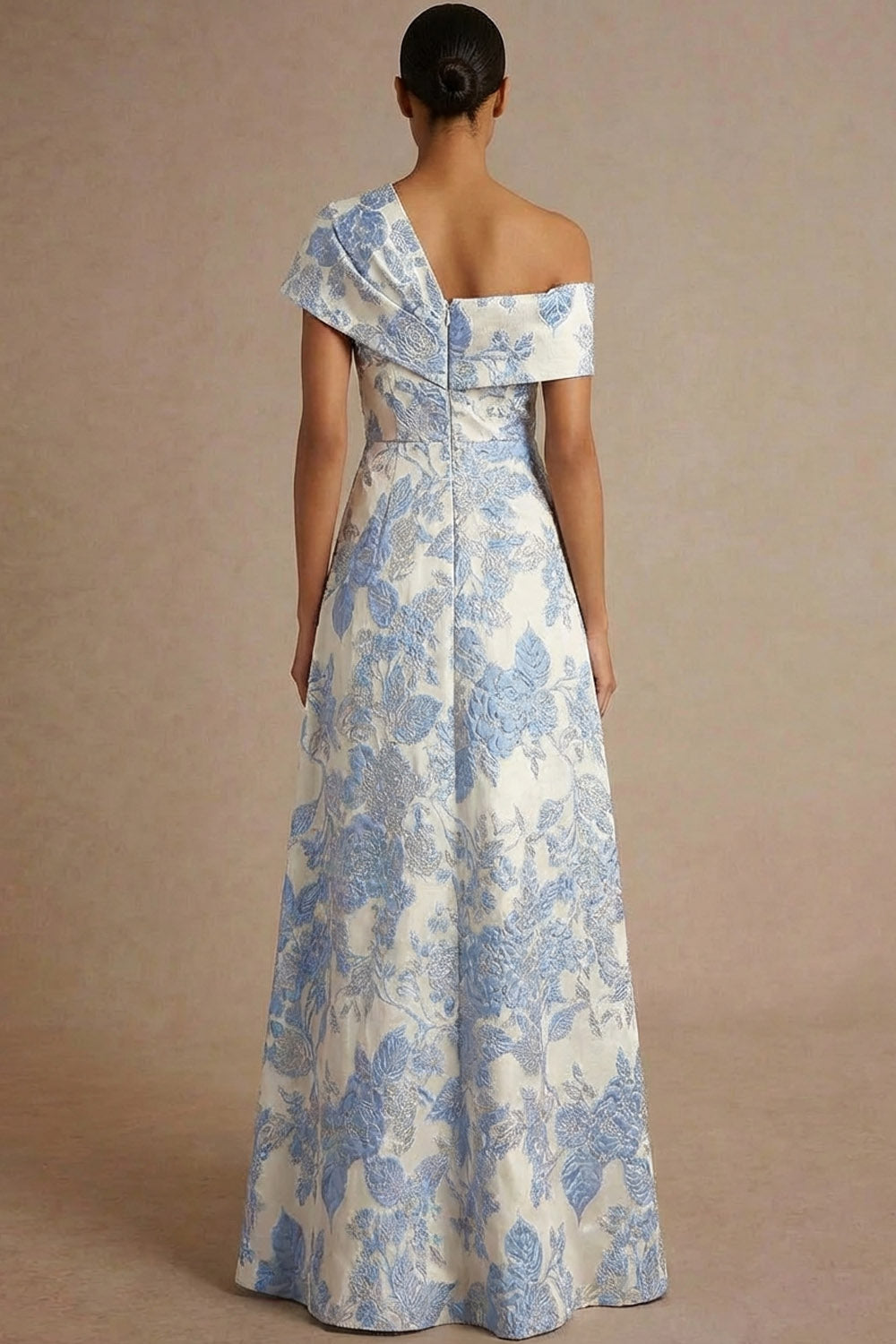 Light Blue Jacquard Floral A Line Long Wedding Guest Dress with Slit