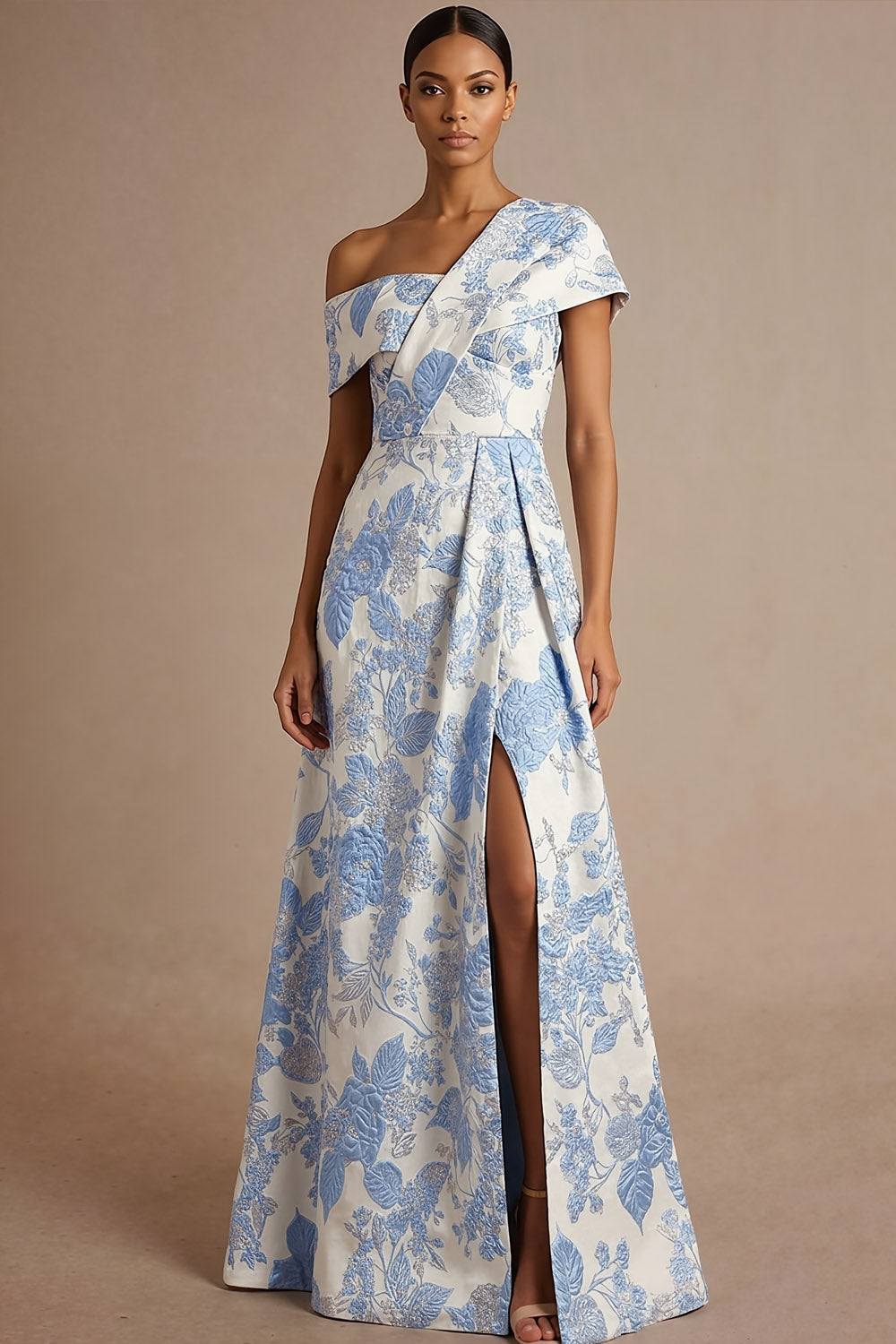 Leely Women Light Blue Jacquard Floral Long Wedding Guest Dress with Slit One Shoulder A Line Evening Dress