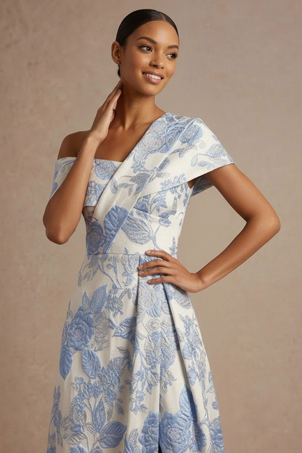 Light Blue Jacquard Floral A Line Long Wedding Guest Dress with Slit