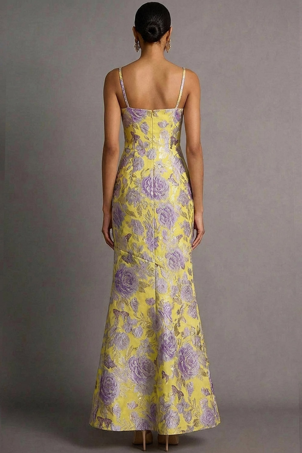Yellow Floral Mermaid Spaghetti Straps Jacquard Long Formal Dress