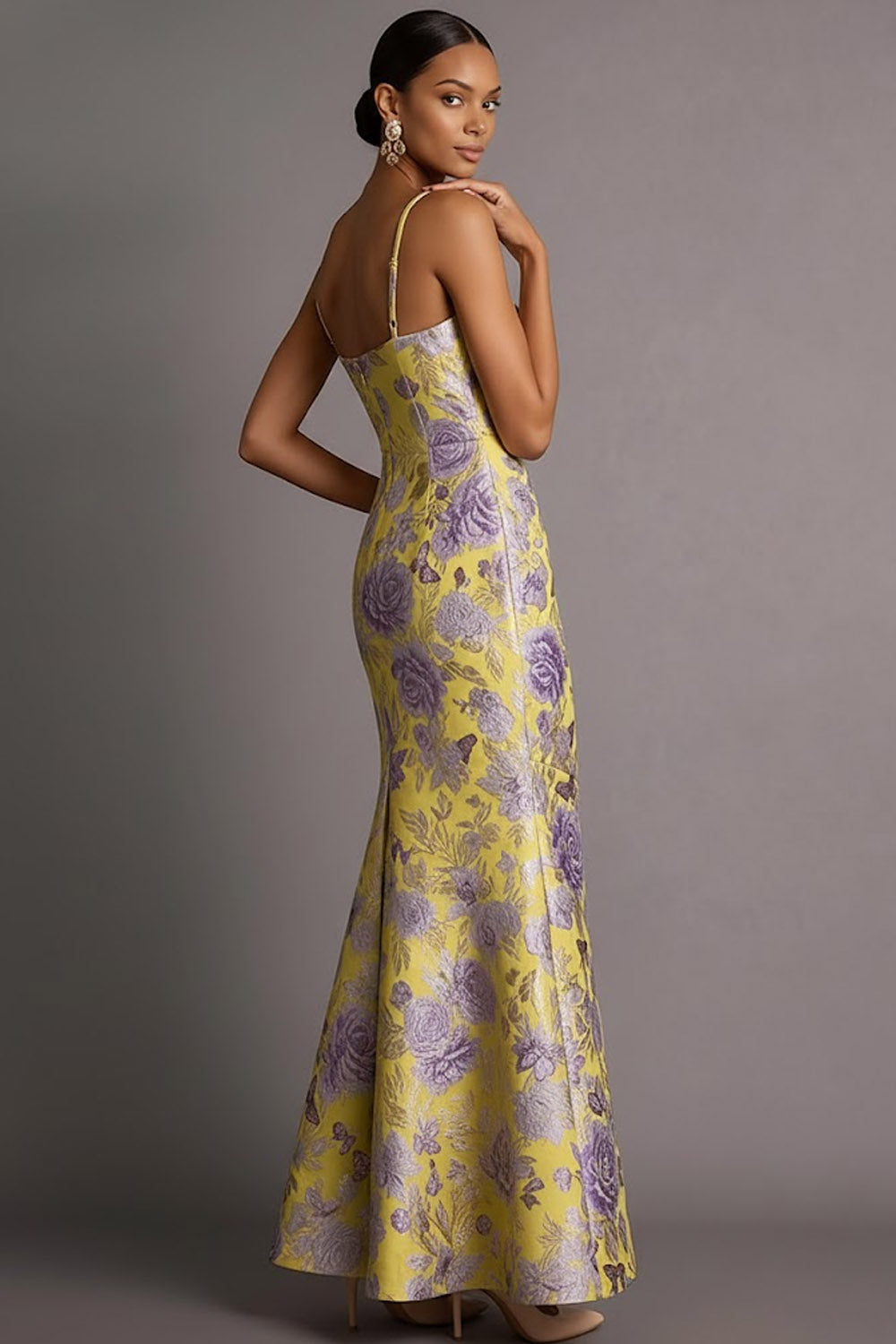 Yellow Floral Mermaid Spaghetti Straps Jacquard Long Formal Dress