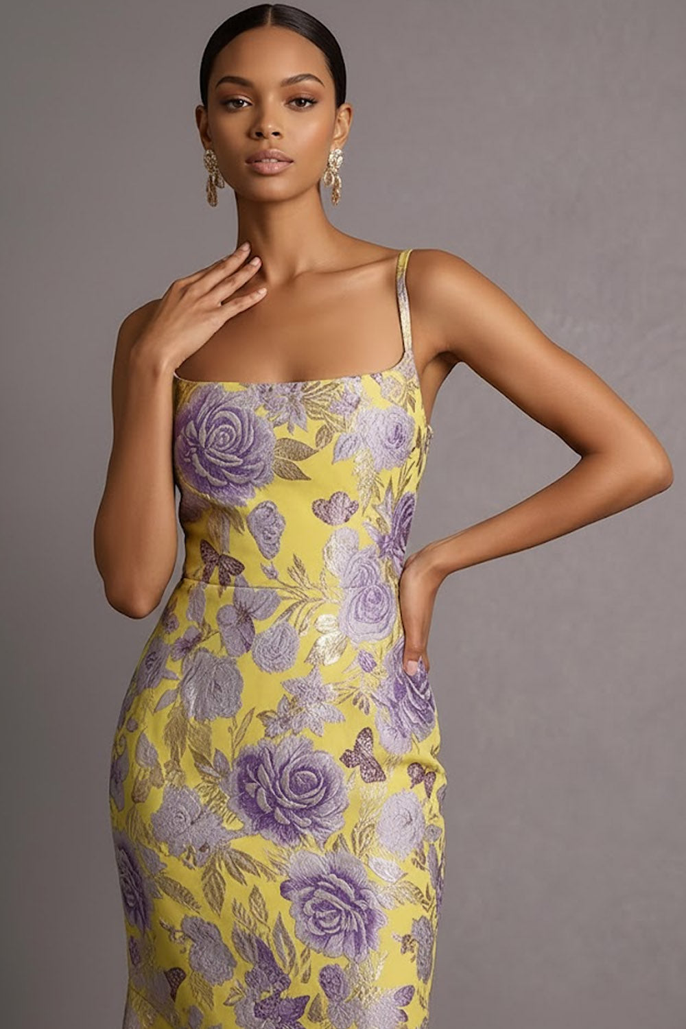 Yellow Floral Mermaid Spaghetti Straps Jacquard Long Formal Dress