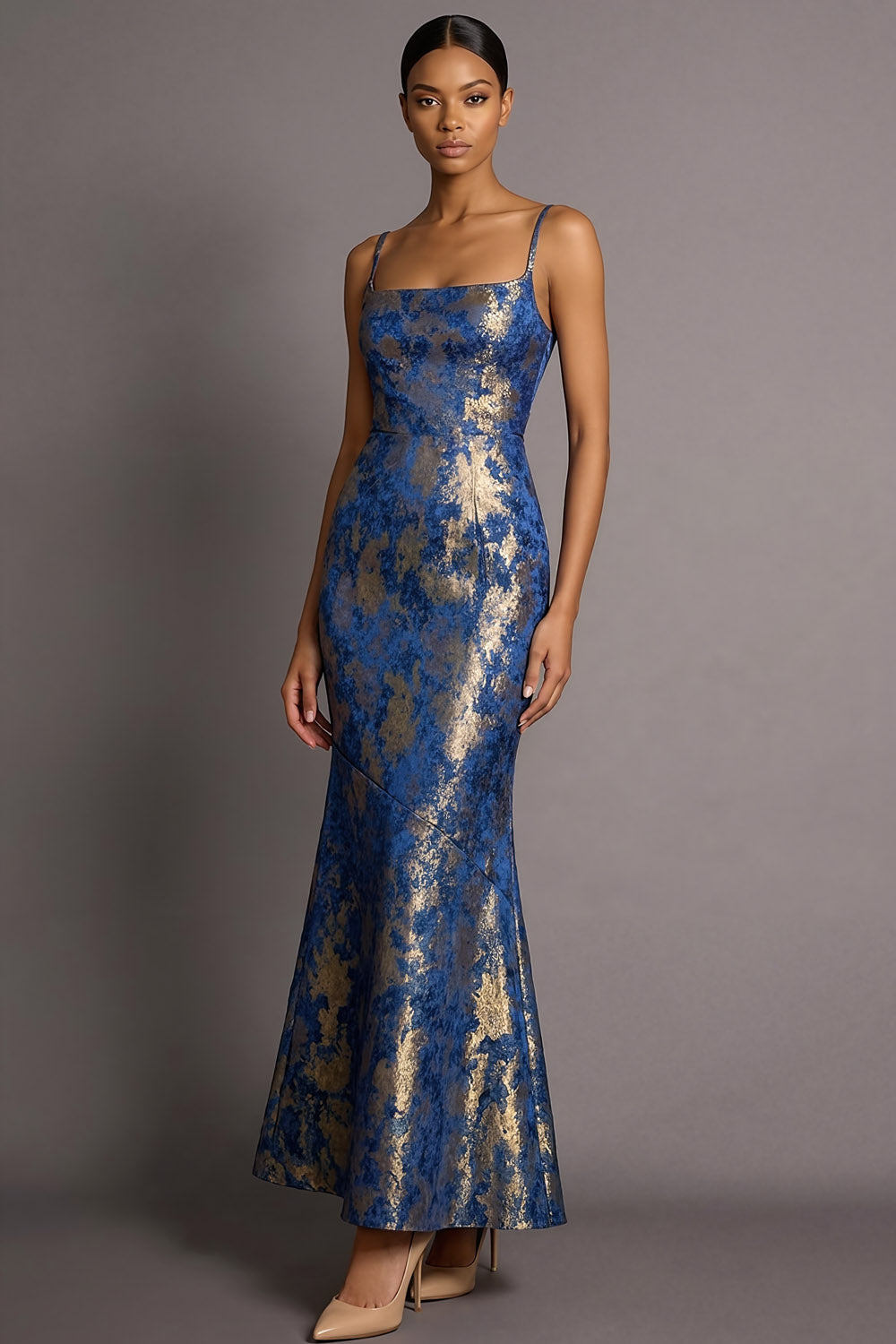 Leely Women Blue Floral Mermaid Jacquard Long Wedding Guest Dress Spaghetti Straps Backless Sleeveless Formal Dress