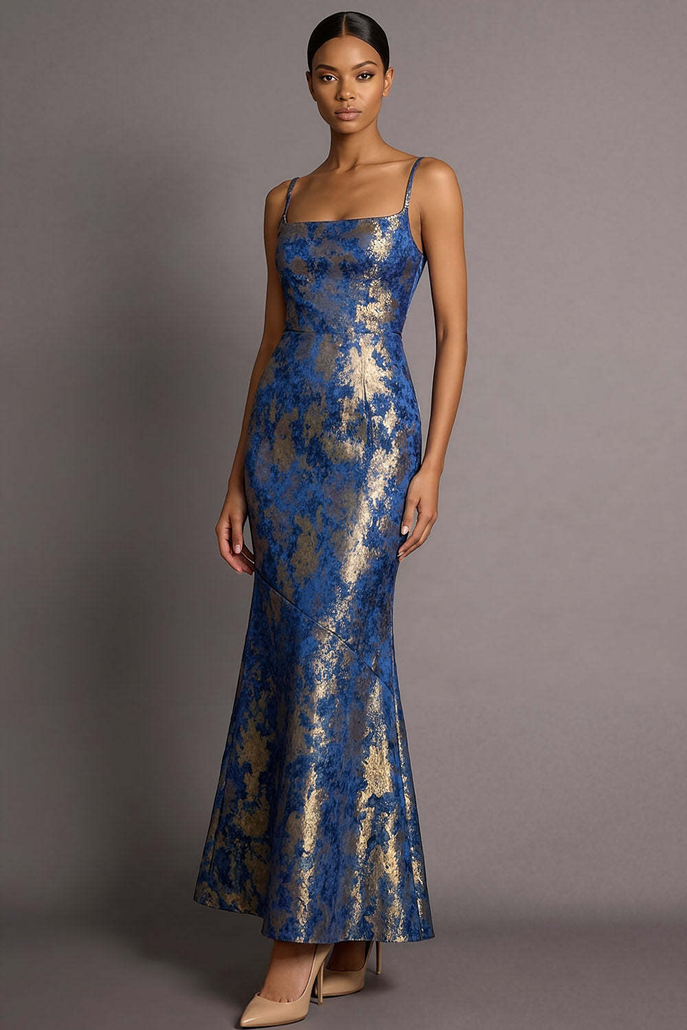 Leely Women Blue Floral Mermaid Jacquard Long Wedding Guest Dress Spaghetti Straps Backless Sleeveless Formal Dress