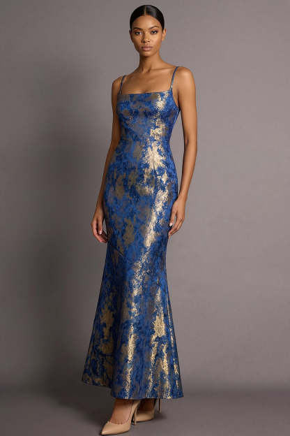 Leely Women Blue Floral Mermaid Jacquard Long Wedding Guest Dress Spaghetti Straps Backless Sleeveless Formal Dress