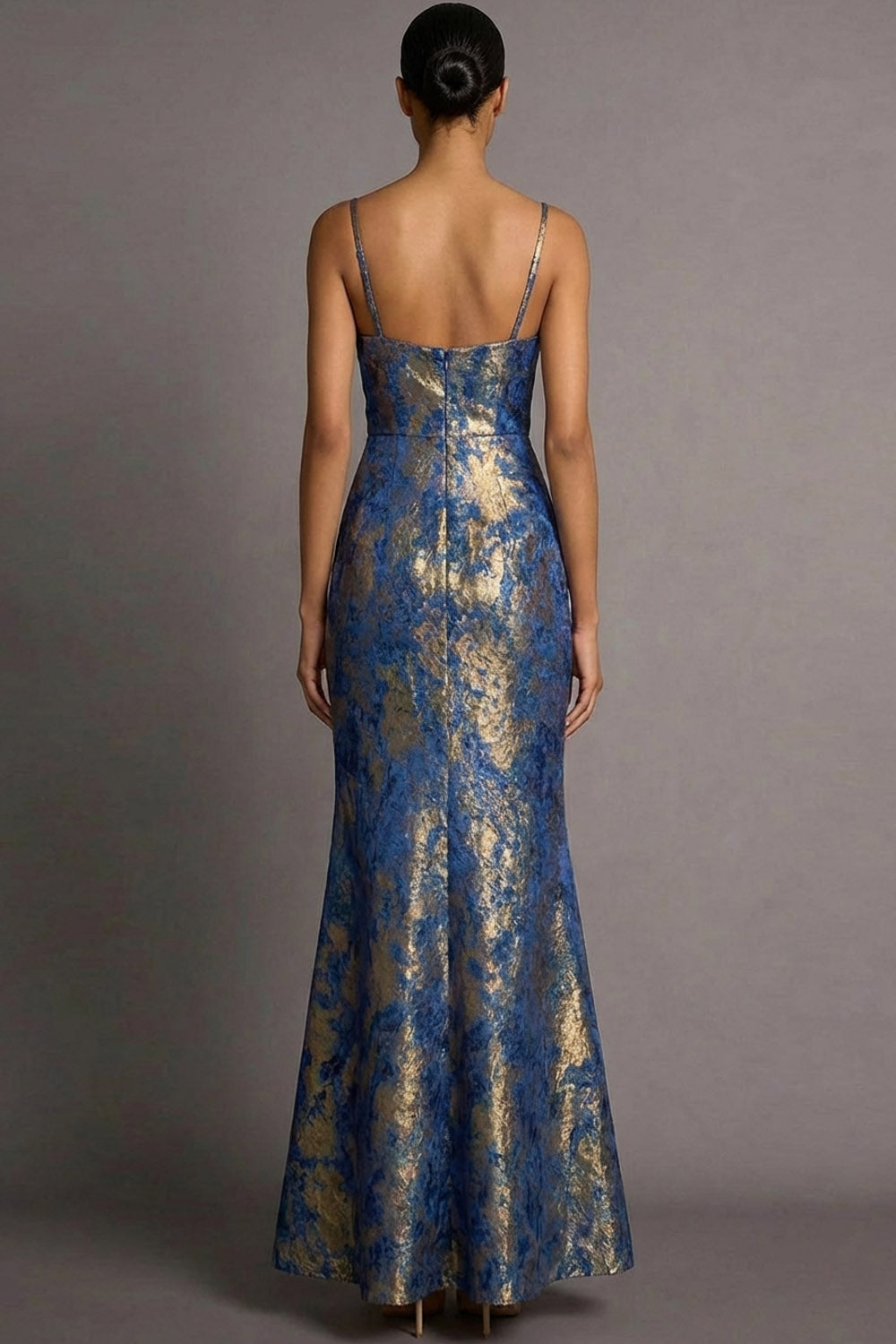 Blue Spaghetti Straps Floral Mermaid Jacquard Long Formal Dress