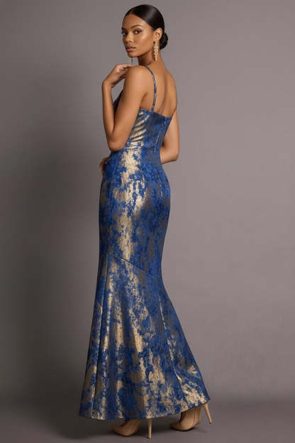 Blue Spaghetti Straps Floral Mermaid Jacquard Long Formal Dress