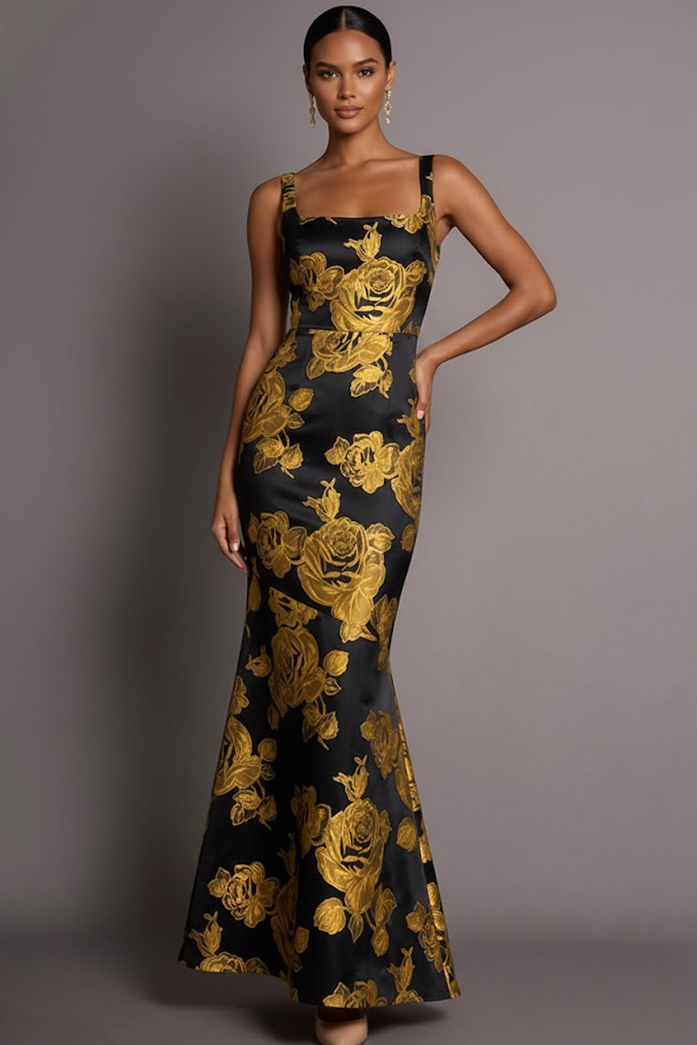Jacquard Floral Mermaid Golden Maxi Formal Dress