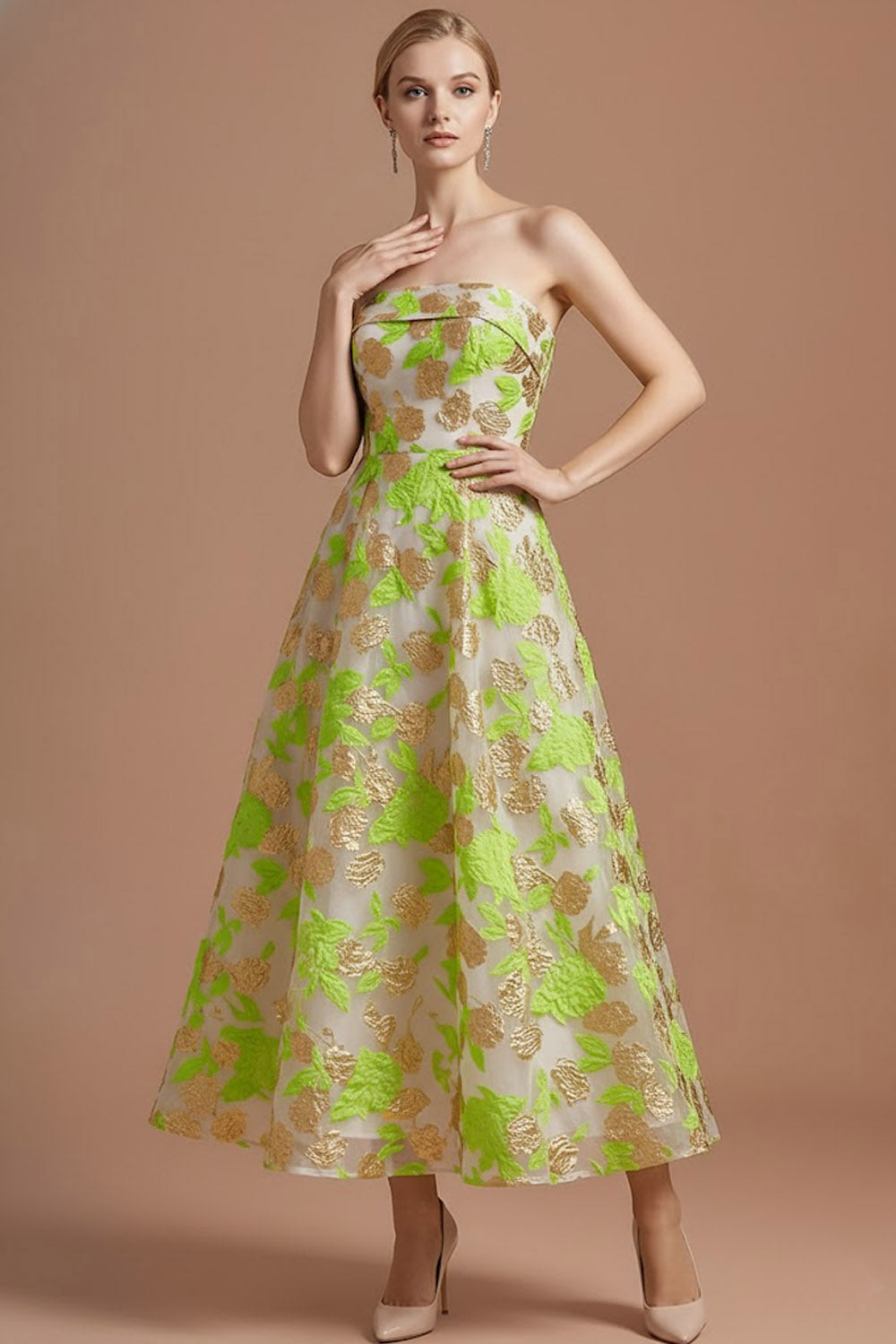 Green Floral Jacquard Strapless A Line Maxi Wedding Guest Dress