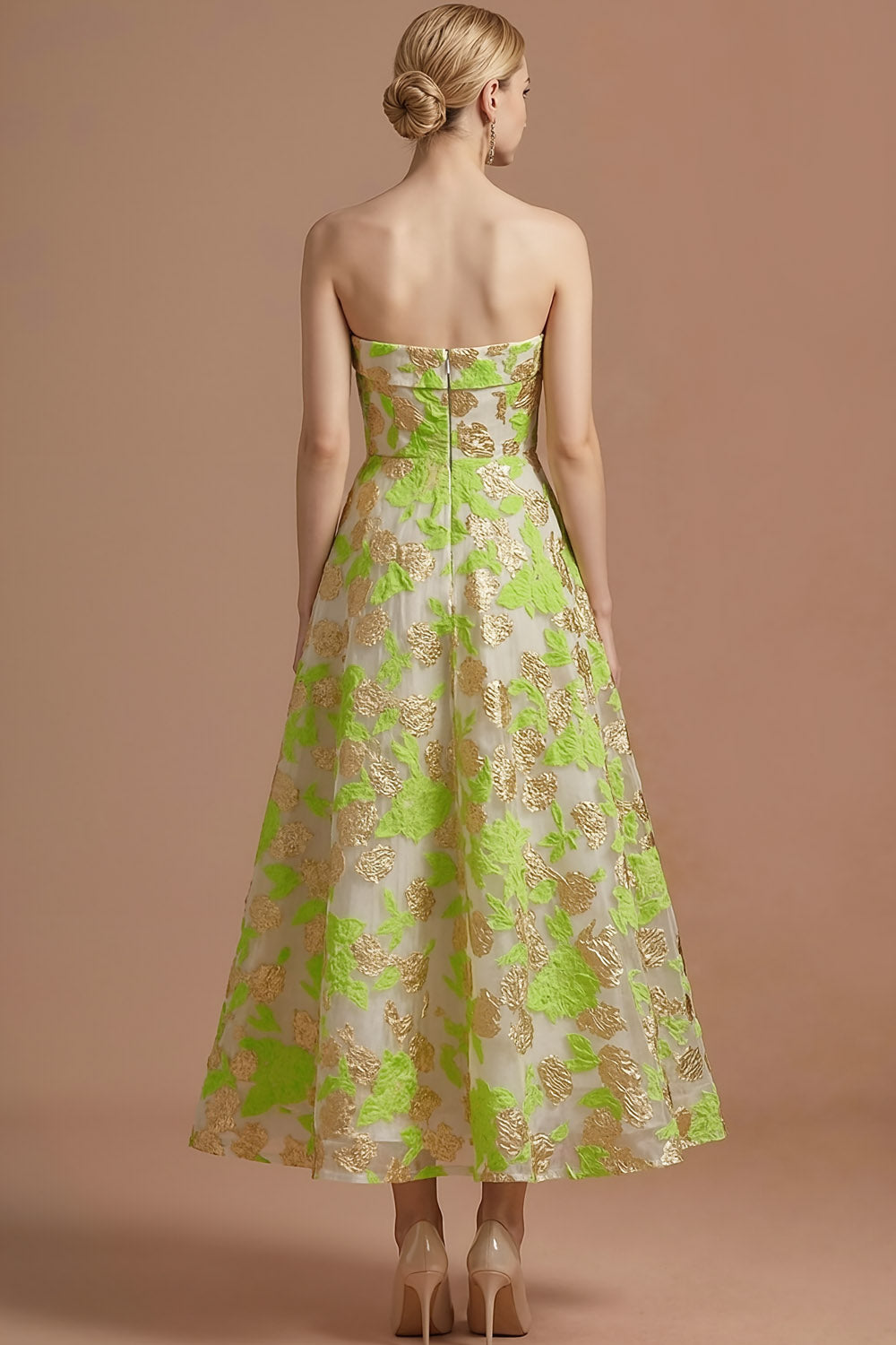 Green Floral Jacquard Strapless A Line Maxi Wedding Guest Dress
