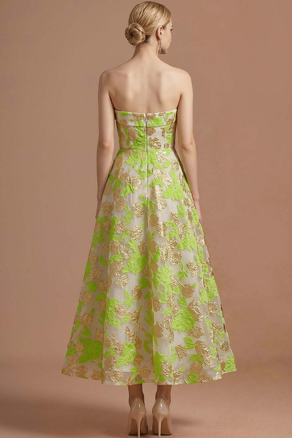 Green Floral Jacquard Strapless A Line Maxi Wedding Guest Dress