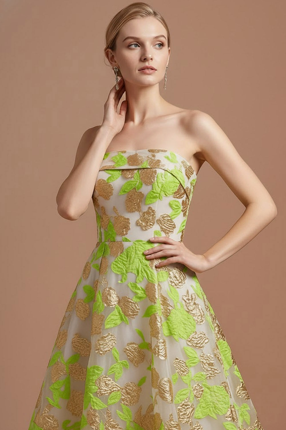 Green Floral Jacquard Strapless A Line Maxi Wedding Guest Dress