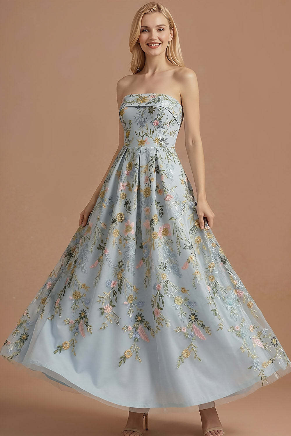 Blue Floral A Line Backless Long Wedding Guest Dress