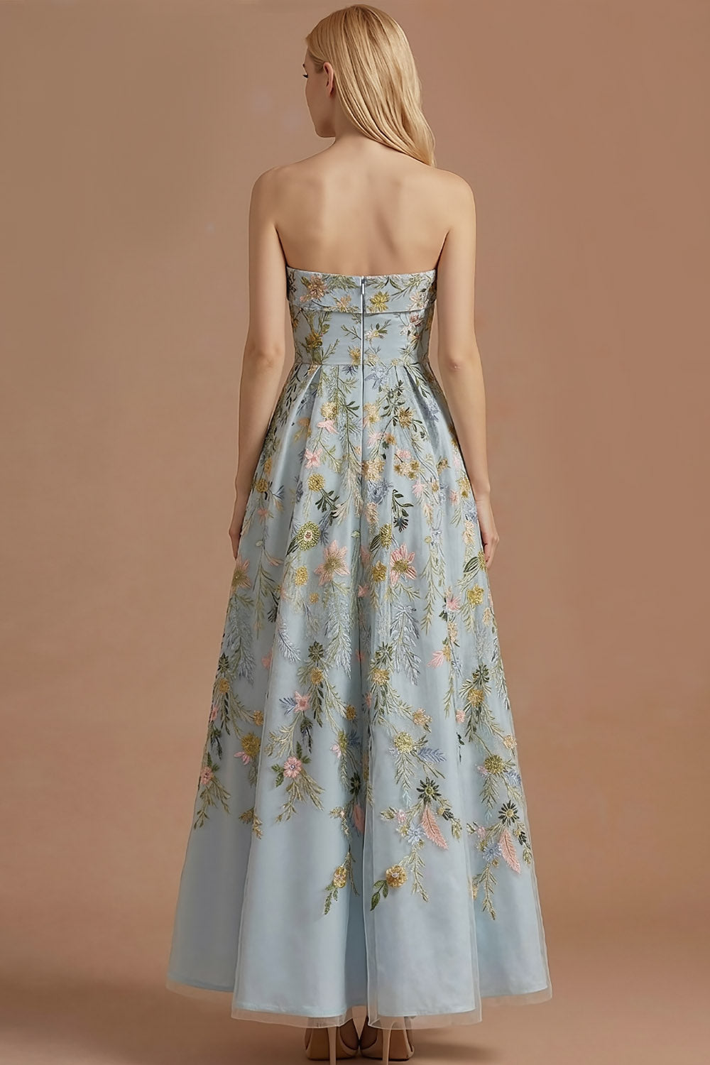 Blue Floral A Line Backless Long Wedding Guest Dress