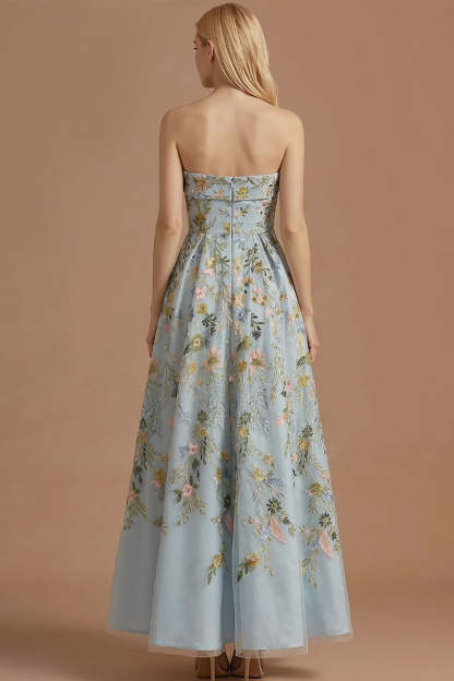 Blue Floral A Line Backless Long Wedding Guest Dress