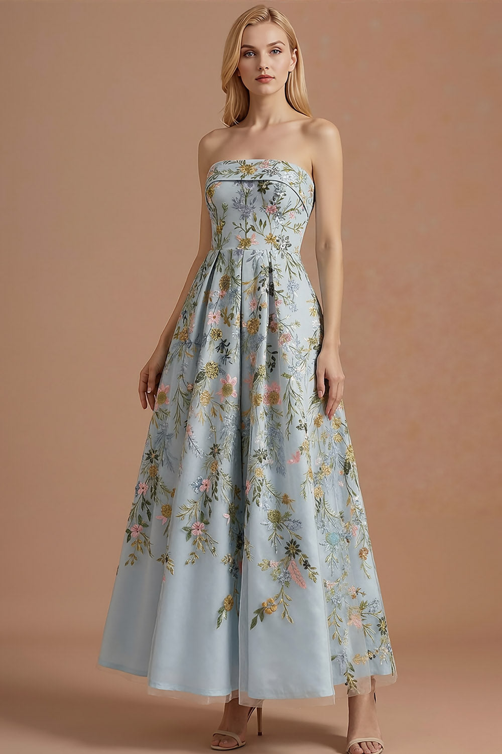 Leely Women Blue Floral A Line Long Wedding Guest Dress Backless Strapless Sleeveless Evening Dress