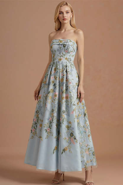Leely Women Blue Floral A Line Long Wedding Guest Dress Backless Strapless Sleeveless Evening Dress