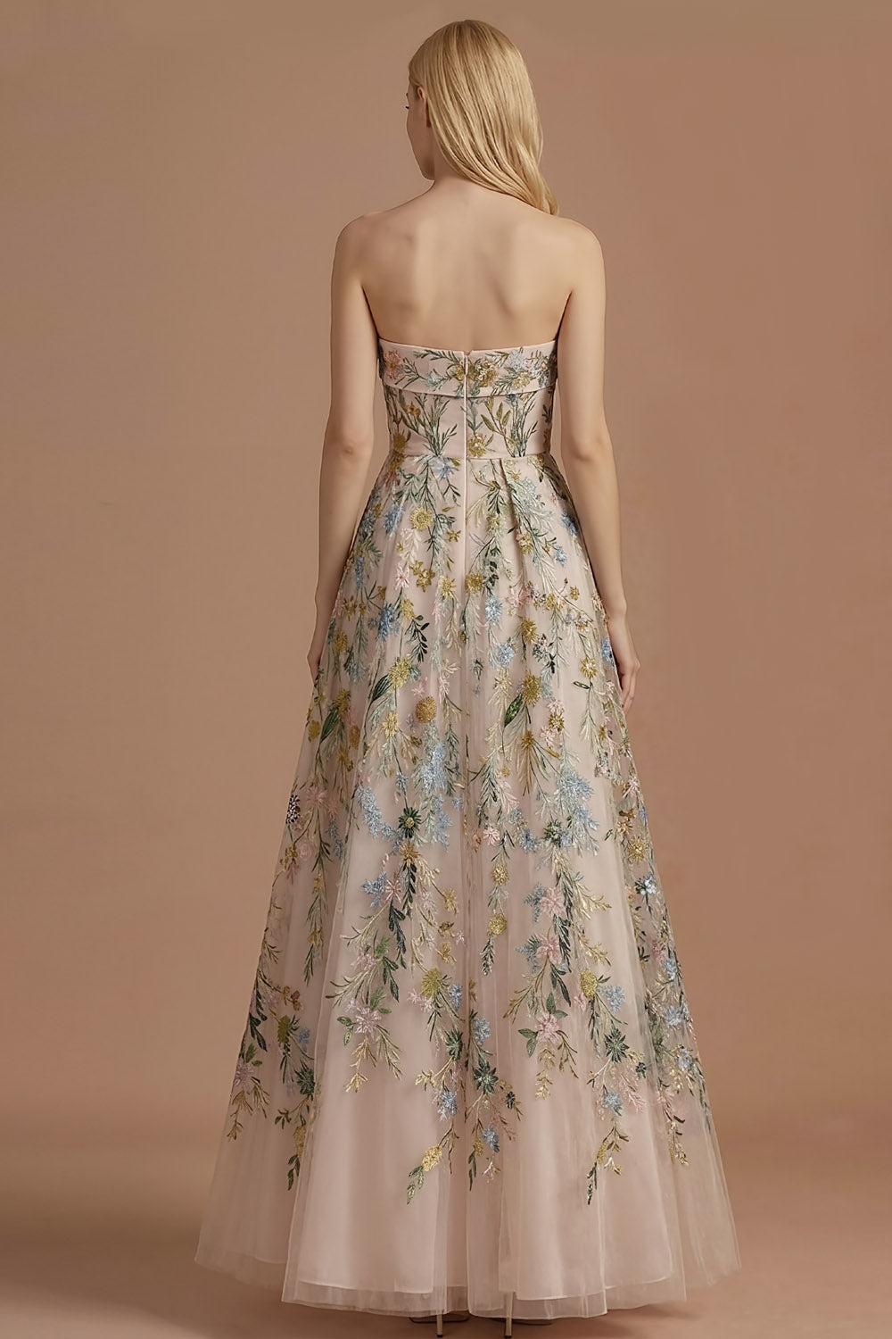 Floral Champagne A Line Backless Long Wedding Guest Dress