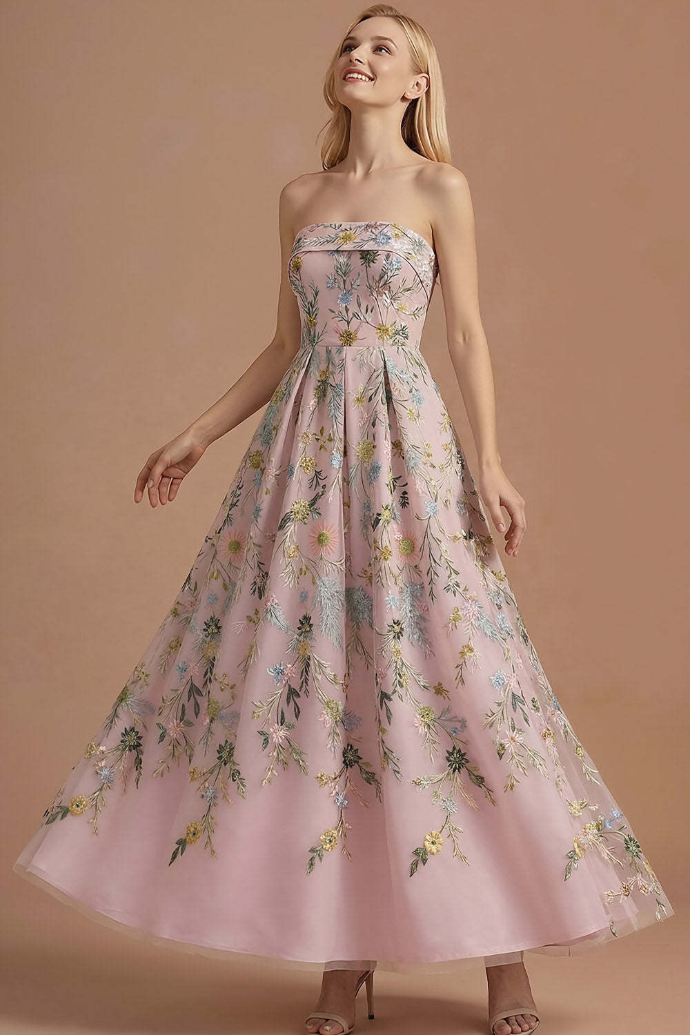 Blue Floral A Line Backless Long Wedding Guest Dress