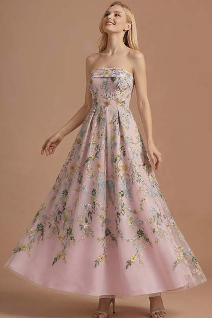 Blue Floral A Line Backless Long Wedding Guest Dress