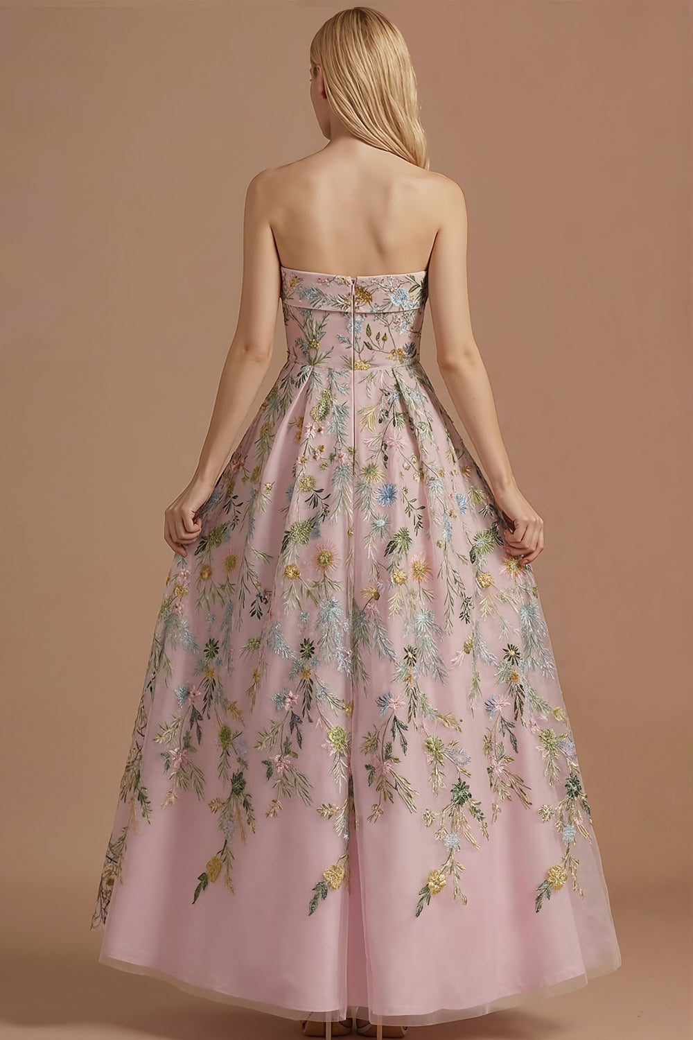 Floral A Line Pink Backless Long Wedding Guest Dress