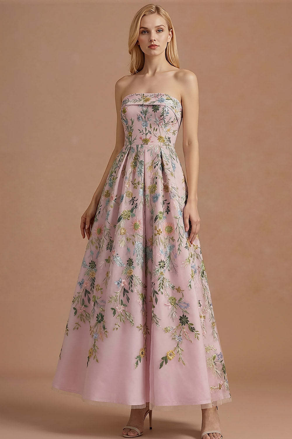 Blue Floral A Line Backless Long Wedding Guest Dress
