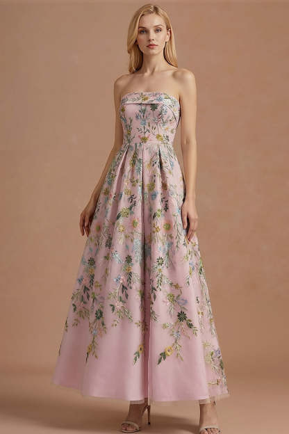 Blue Floral A Line Backless Long Wedding Guest Dress