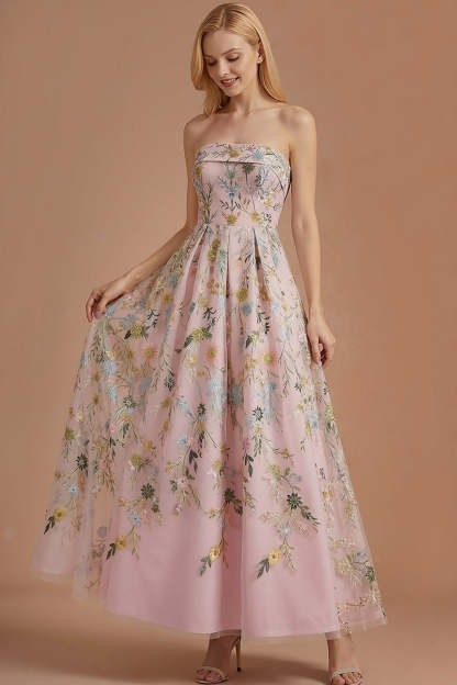 Blue Floral A Line Backless Long Wedding Guest Dress