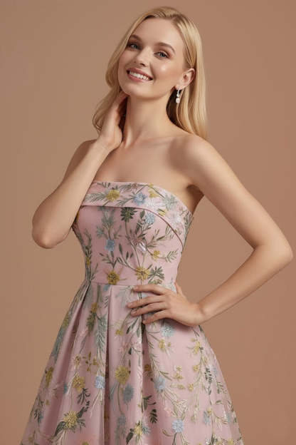 Blue Floral A Line Backless Long Wedding Guest Dress