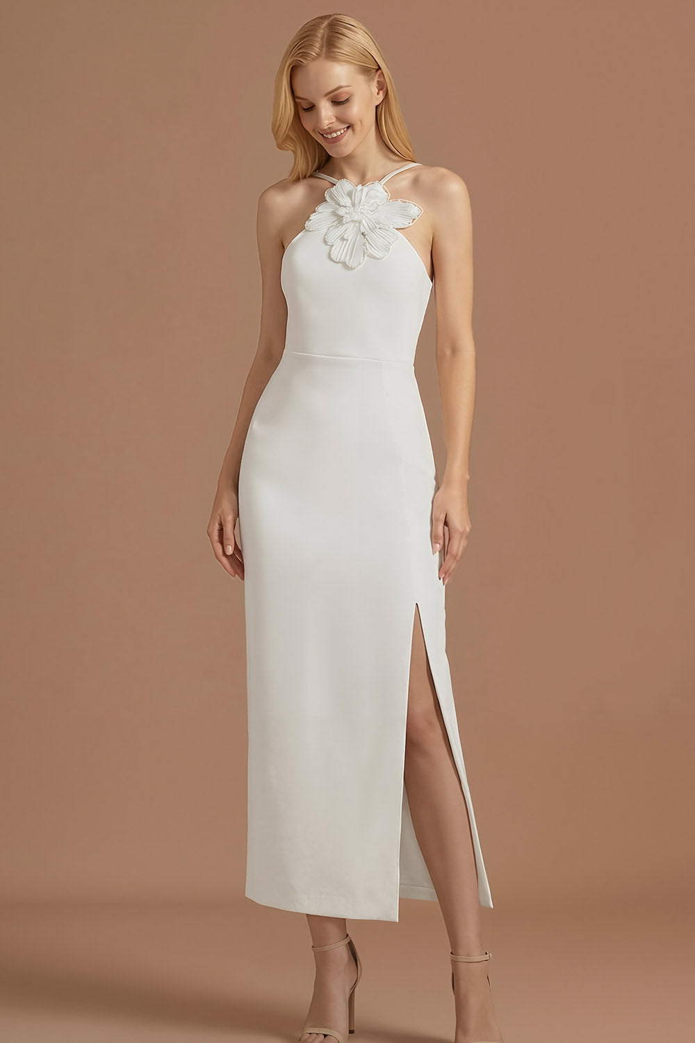 White Halter Neck Sheath Long Wedding Reception Dress with Slit
