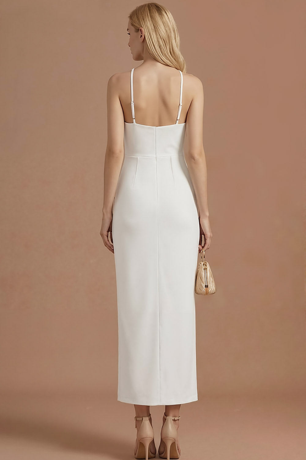White Halter Neck Sheath Long Wedding Reception Dress with Slit
