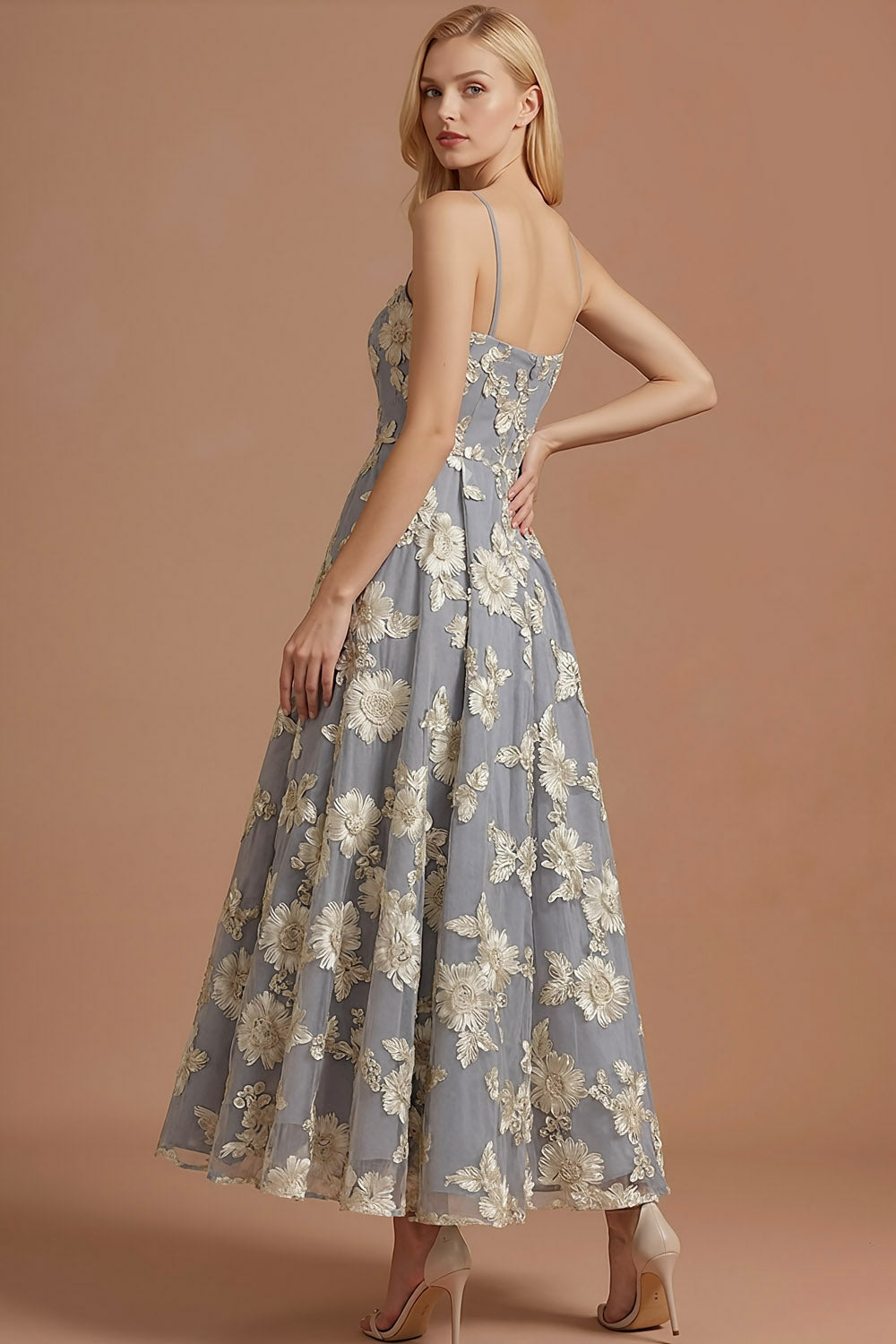 Champagne A Line Floral Appliqued Long Wedding Guest Dress