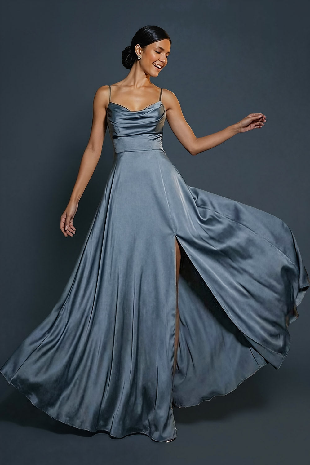 Dusty Blue Satin A Line Spaghetti Straps Long Formal Dress with Slit