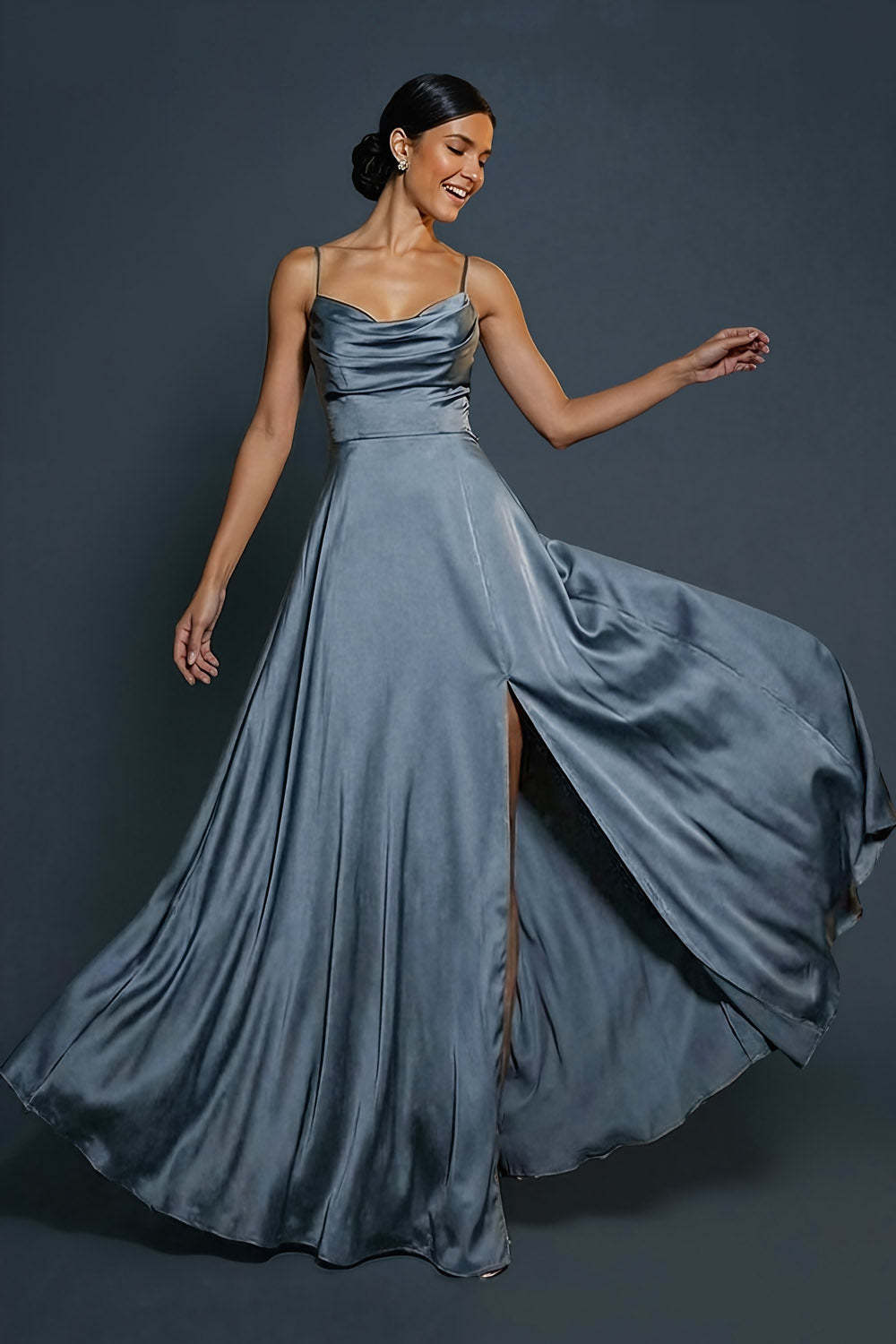 Leely Women Dusty Blue Satin Long Evening Dress with Slit Spaghetti Straps A Line Formal Dress