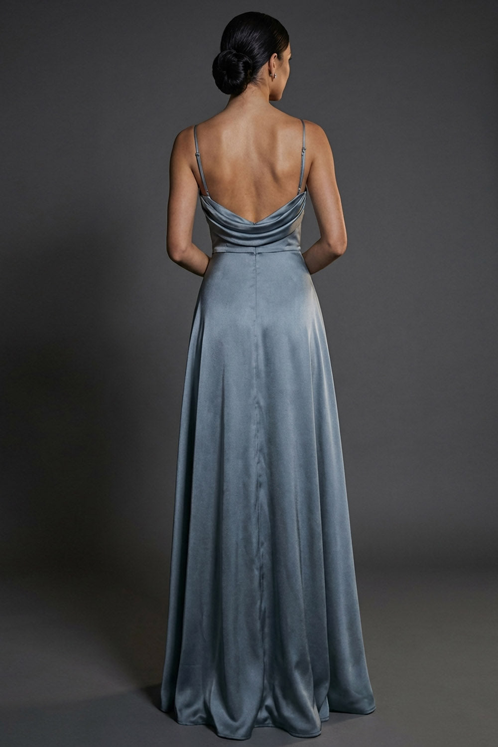 Dusty Blue Satin A Line Spaghetti Straps Long Formal Dress with Slit