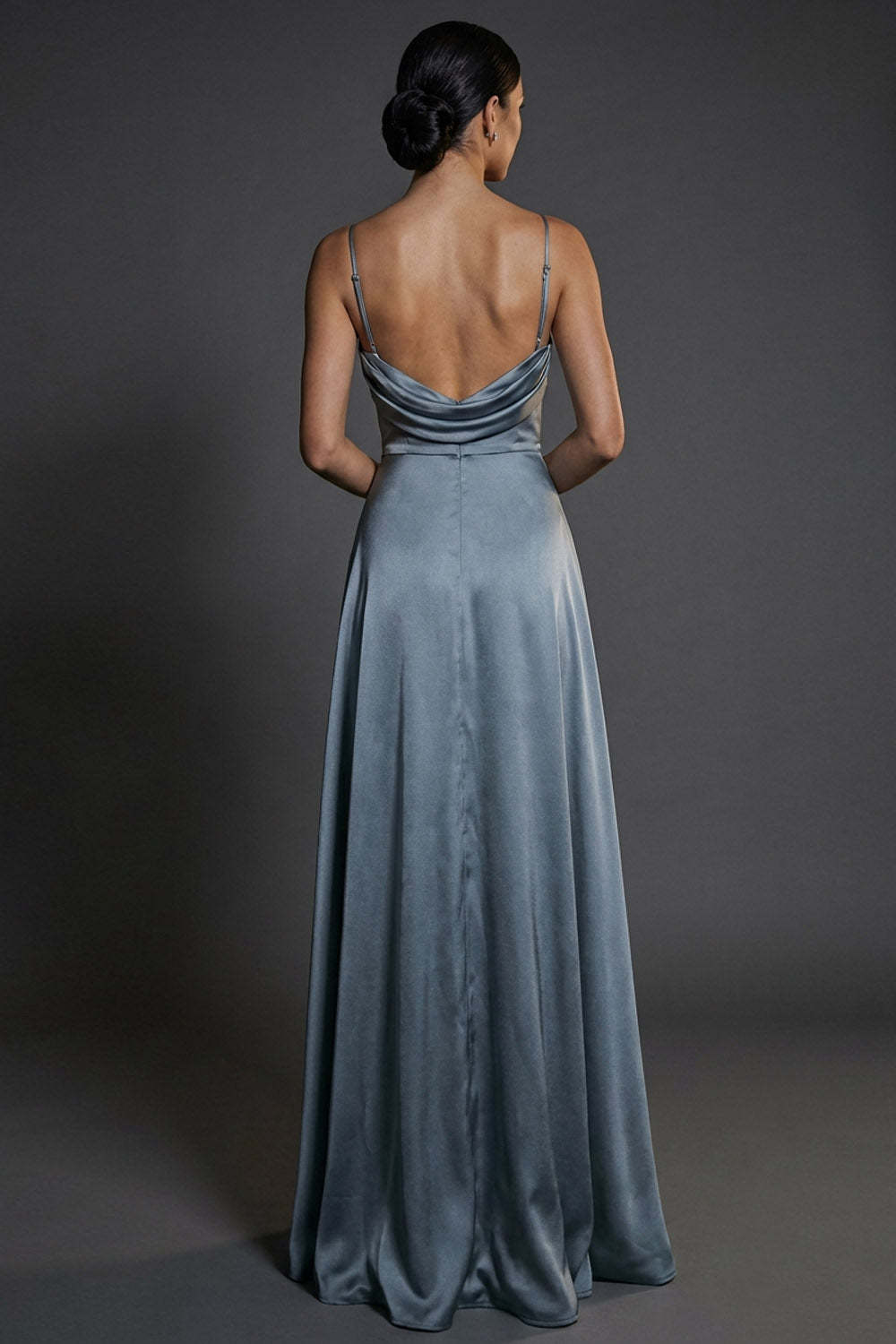 Dusty Blue Satin A Line Spaghetti Straps Long Formal Dress with Slit