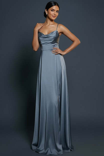 Dusty Blue Satin A Line Spaghetti Straps Long Formal Dress with Slit