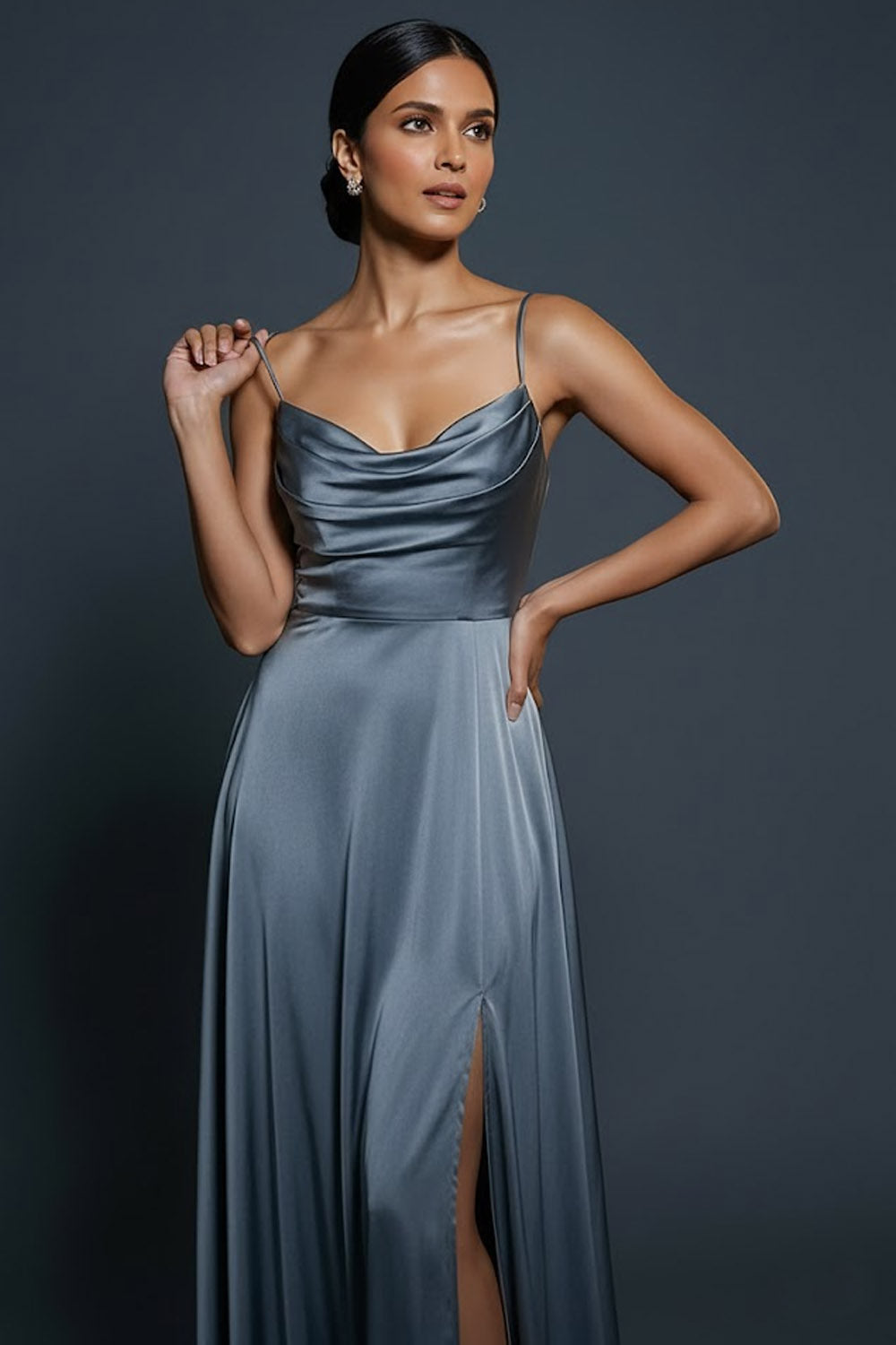 Dusty Blue Satin A Line Spaghetti Straps Long Formal Dress with Slit