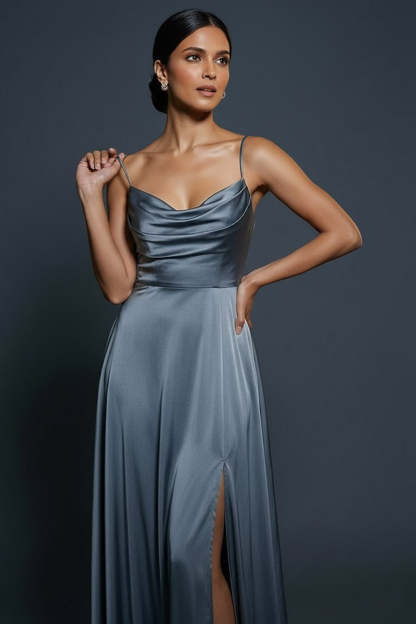 Dusty Blue Satin A Line Spaghetti Straps Long Formal Dress with Slit