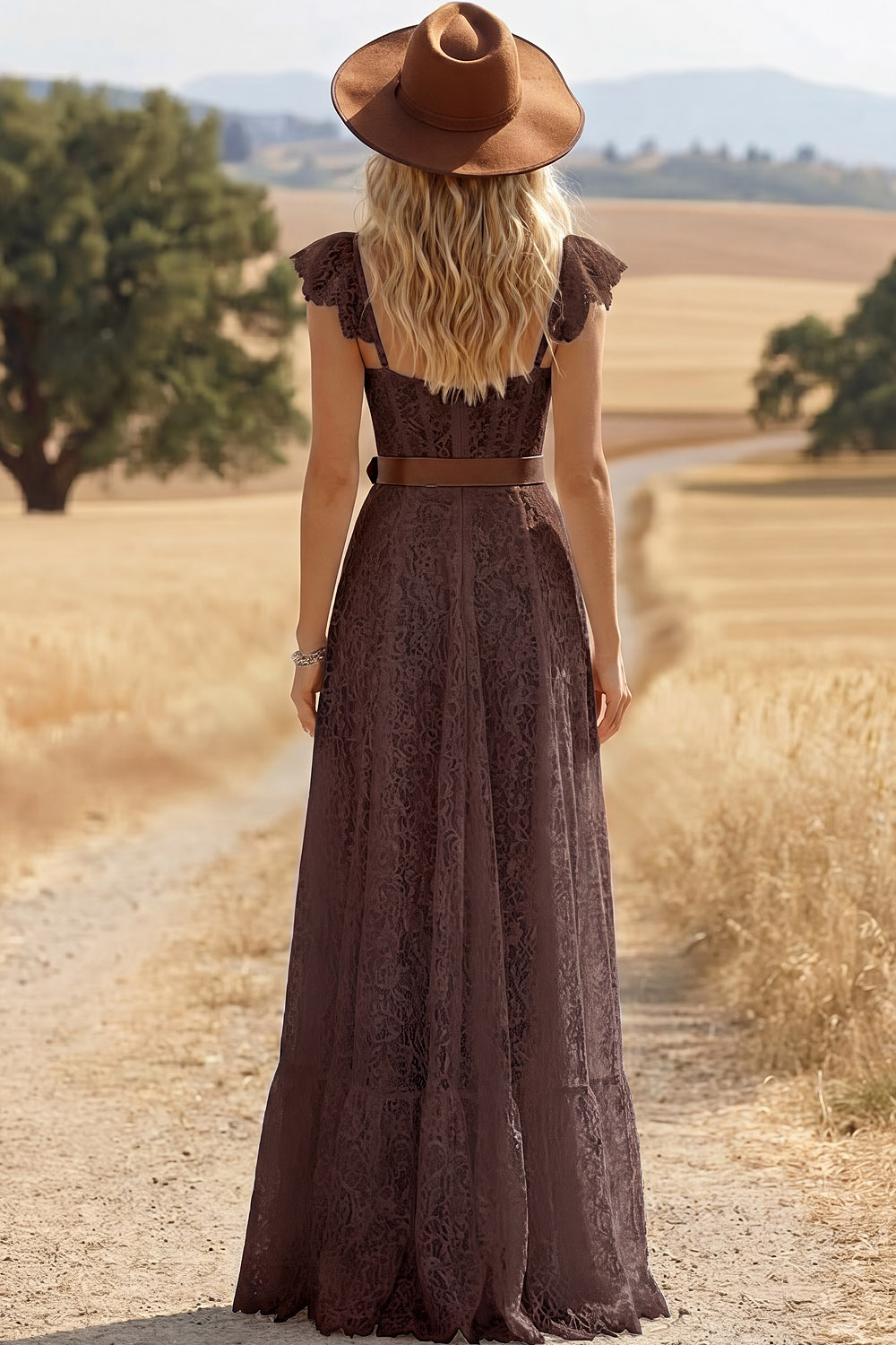 White Lace Corset A Line Long Boho Western Wedding Dress with Slit