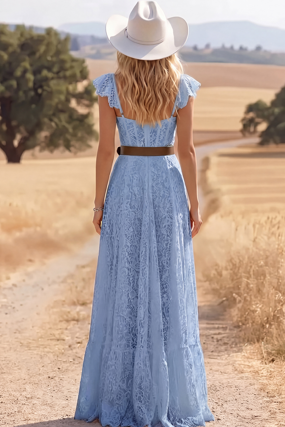 Leely Women Light Blue Lace Maxi Country Western Wedding Dress with Slit Corset Flutter Sleeves A Line Boho Engagement Dress