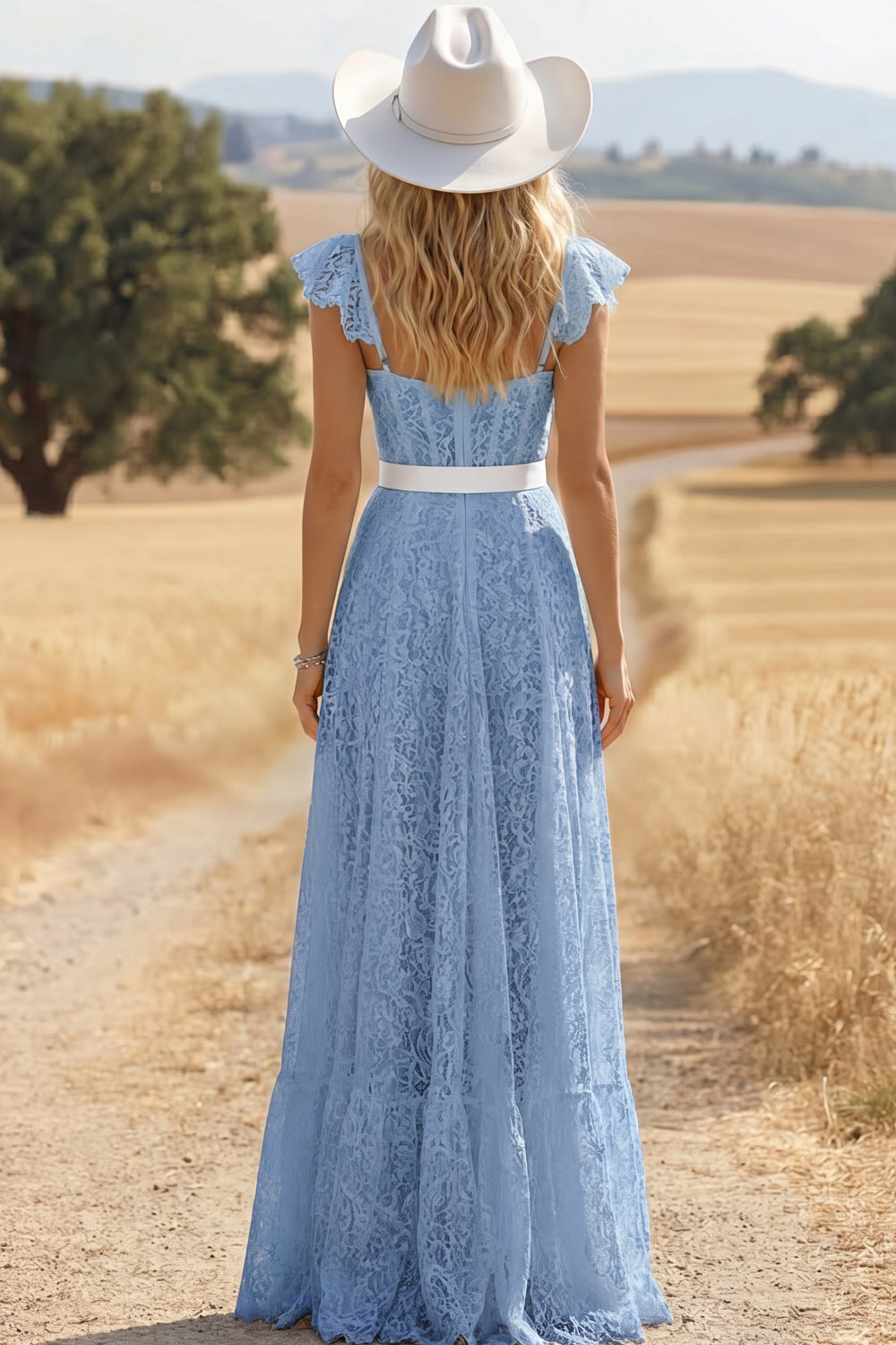 White Lace Corset A Line Long Boho Western Wedding Dress with Slit