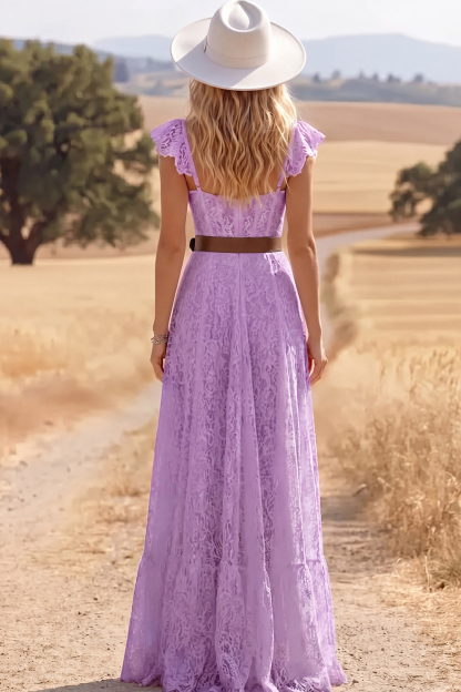 Leely Women Lilac Lace Maxi Country Western Wedding Dress with Slit Corset Flutter Sleeves A Line Boho Engagement Dress