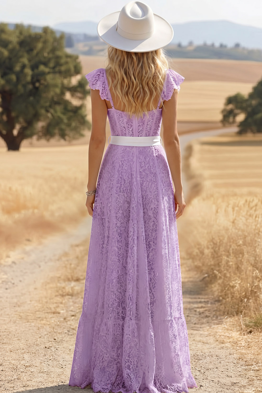 White Lace Corset A Line Long Boho Western Wedding Dress with Slit